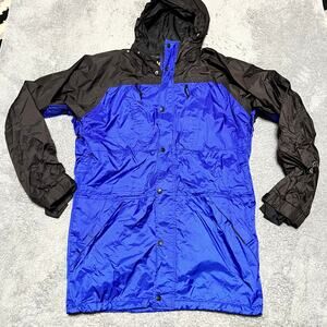 Rei Jacket Mens Medium Tall GoreTex Blue Black Hooded Rain Coat **stains
